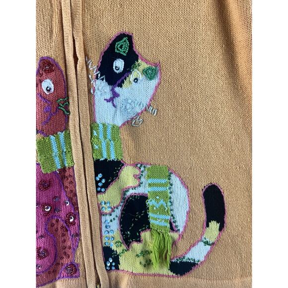 Susan Bristol Cats Sweater Vest Womens Large Orange Pink Beaded Calico Sequins - Picture 5 of 13